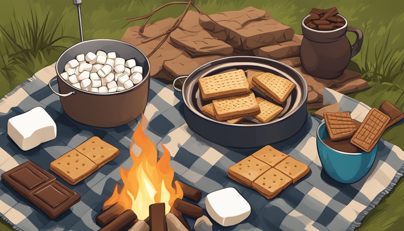 A campfire with marshmallows roasting on sticks, chocolate bars, and graham crackers laid out on a picnic blanket