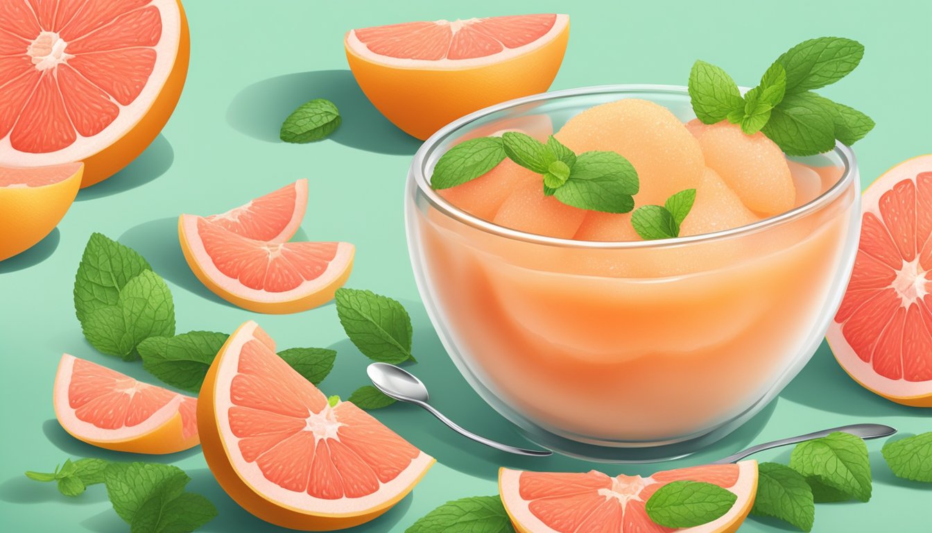 A bowl of grapefruit sorbet with a sprig of mint on top, surrounded by scattered grapefruit slices and a small spoon beside the bowl