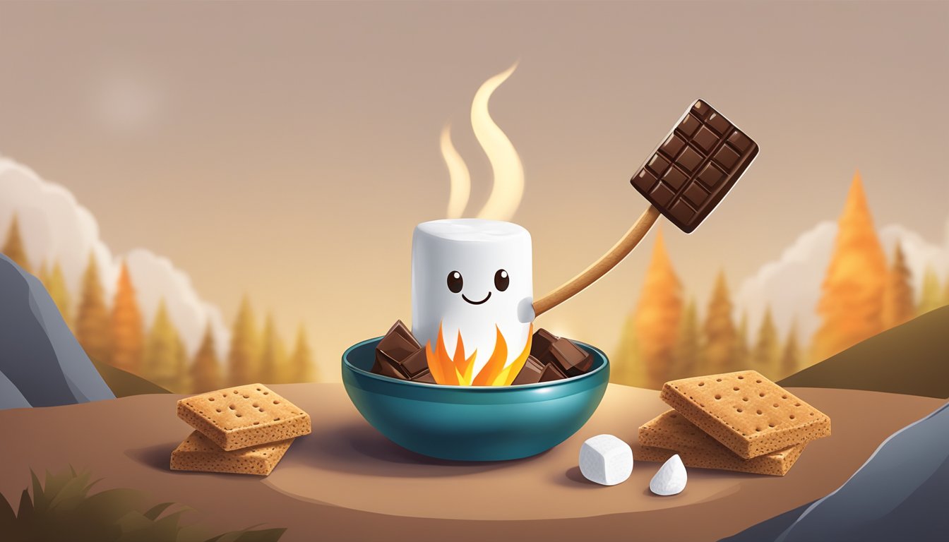 A campfire with a roasting stick holding a marshmallow and chocolate between two graham crackers