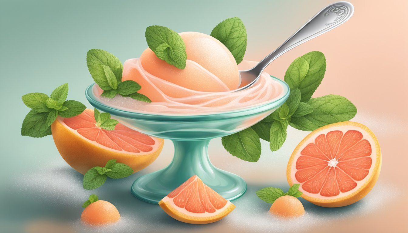 A spoon swirls through a mound of grapefruit sorbet, creating a smooth, glossy texture. The dessert sits in a frosted glass dish, garnished with a sliver of fresh mint