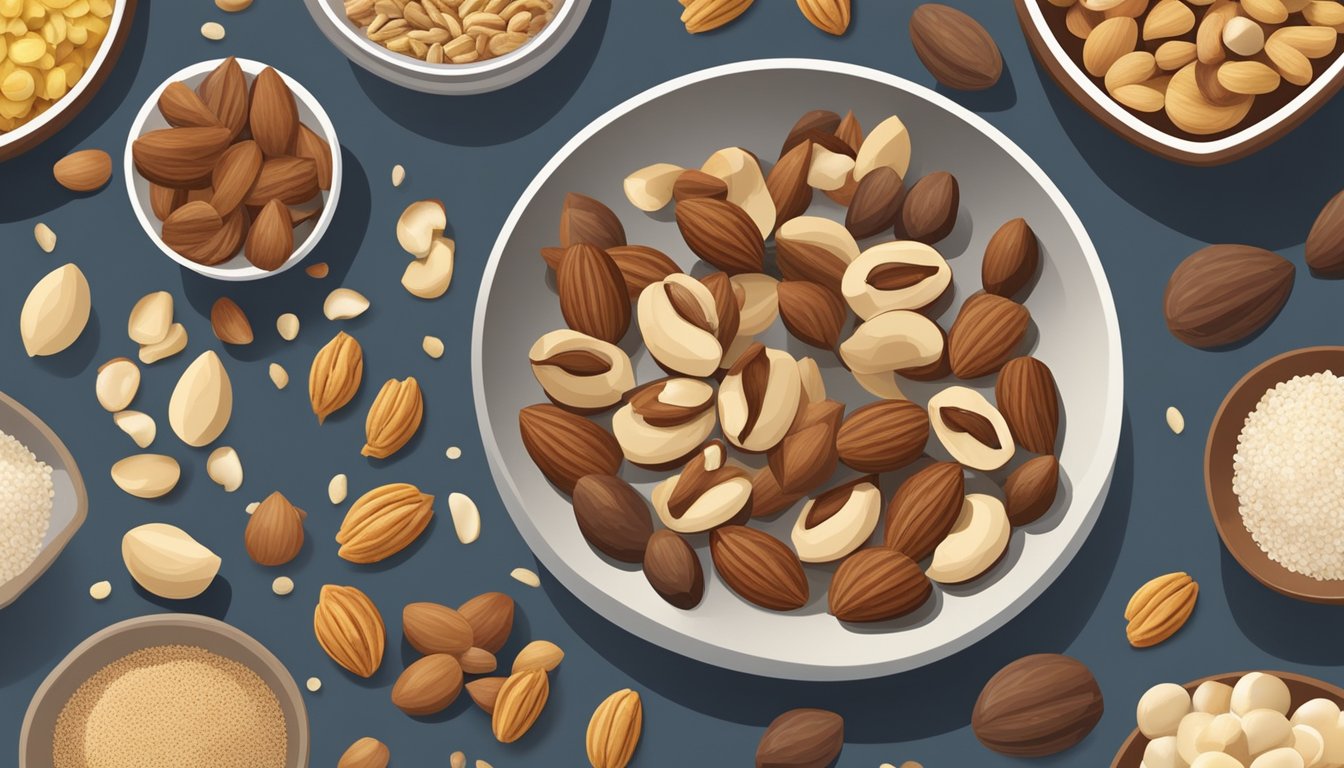 A variety of nuts arranged on a baking sheet, surrounded by a scattering of loose nuts. A small bowl of salt sits nearby