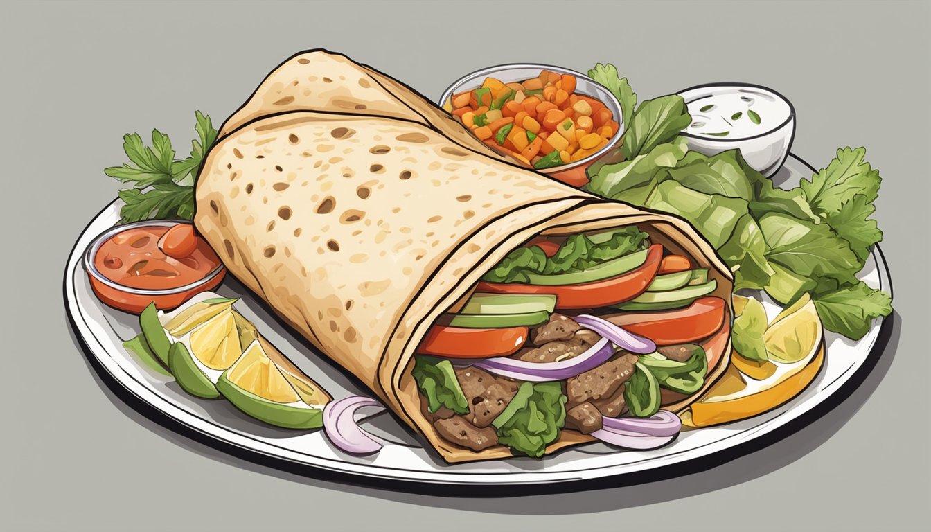 A gyro surrounded by fresh ingredients, with pita bread folded around the filling, ready to be eaten