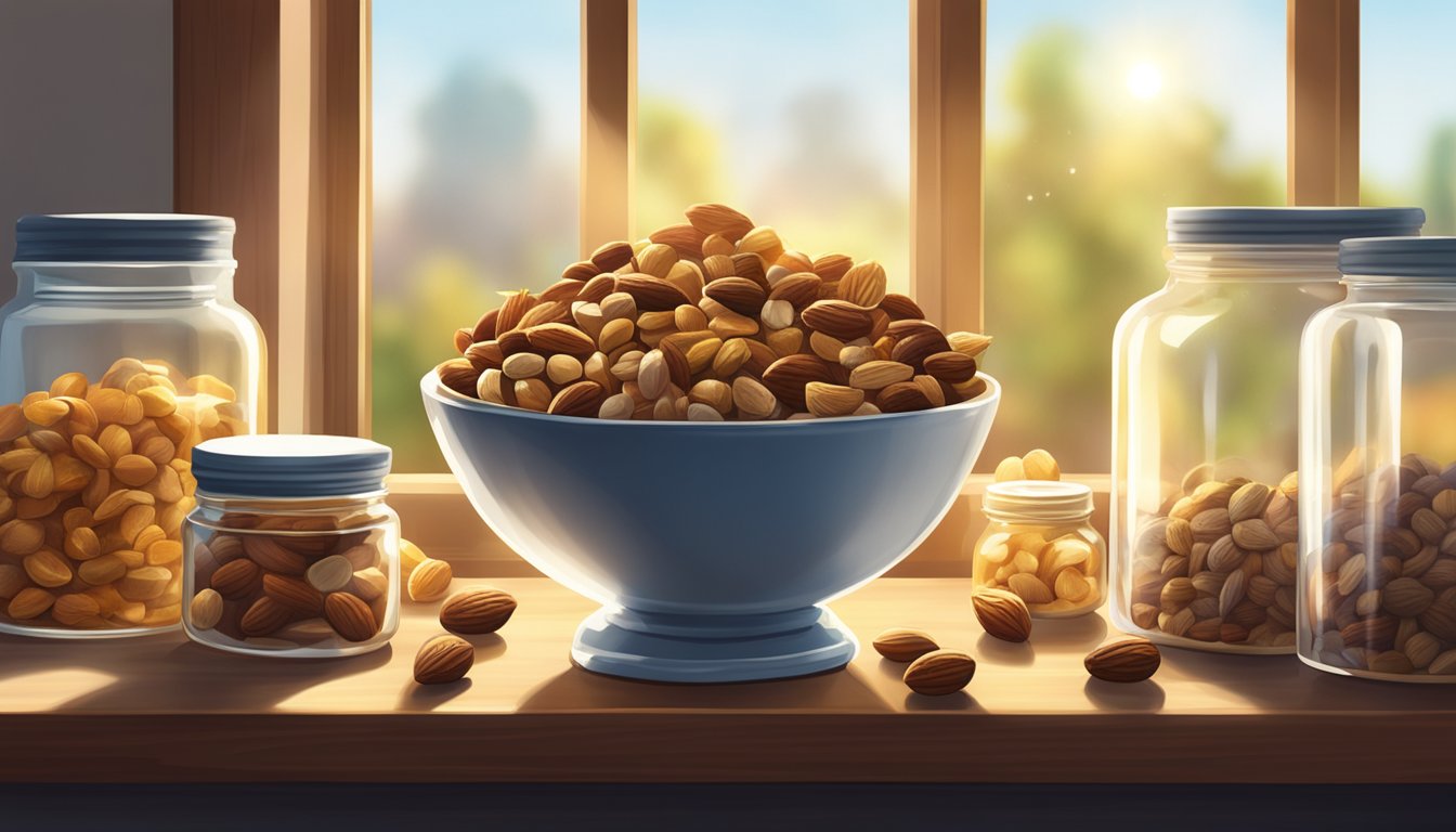 A bowl of roasted nuts sits on a wooden shelf, surrounded by various jars and containers. Sunlight streams in through a nearby window, casting a warm glow on the scene