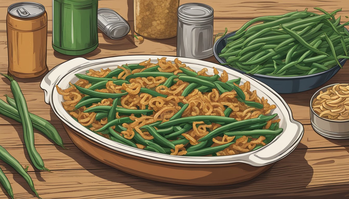 A green bean casserole sits on a rustic wooden table, surrounded by fresh green beans and a can of crispy fried onions