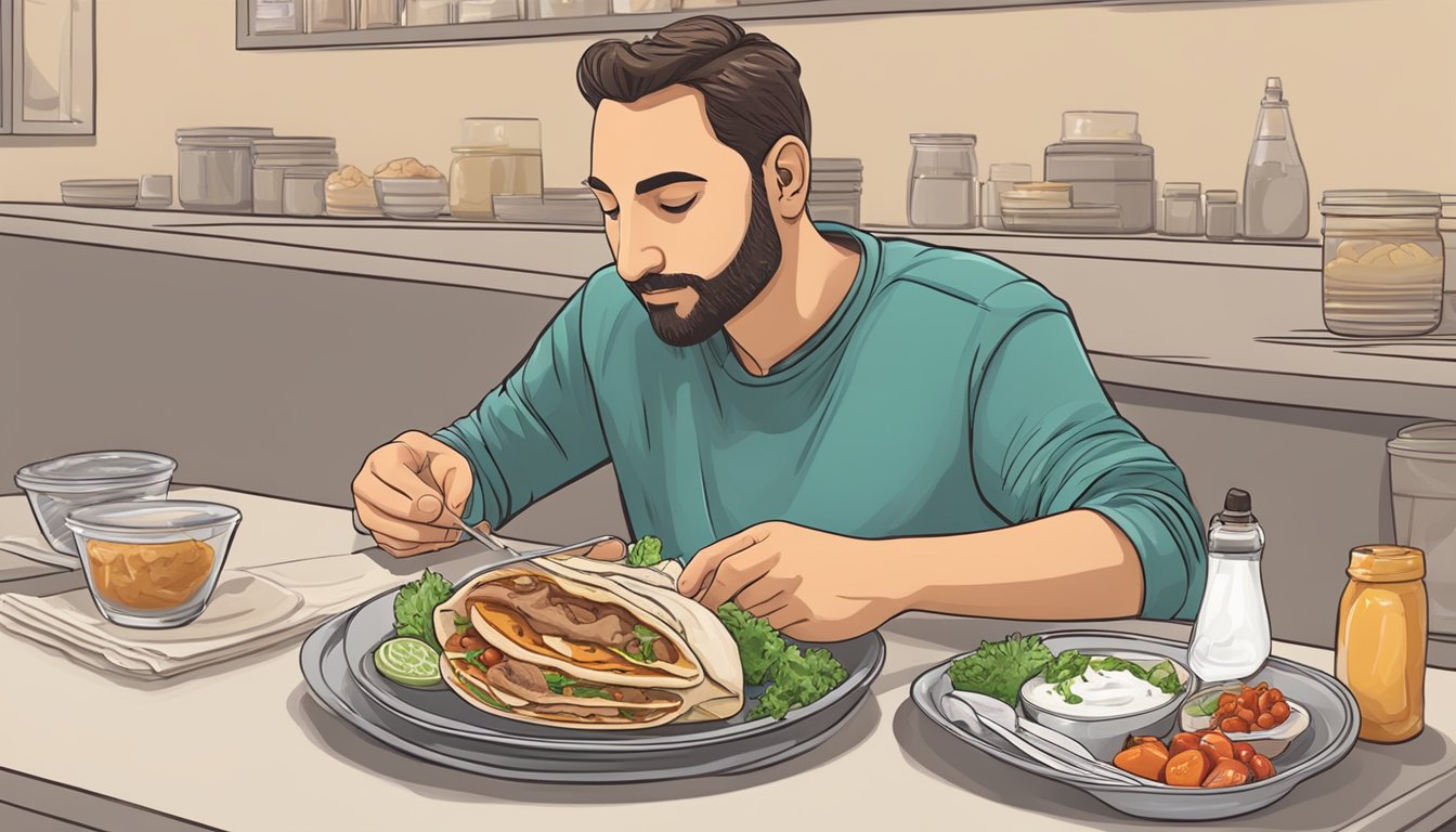 A person sits at a table with a gyro on a plate. They hold the pita bread filled with meat, vegetables, and tzatziki sauce, taking a bite