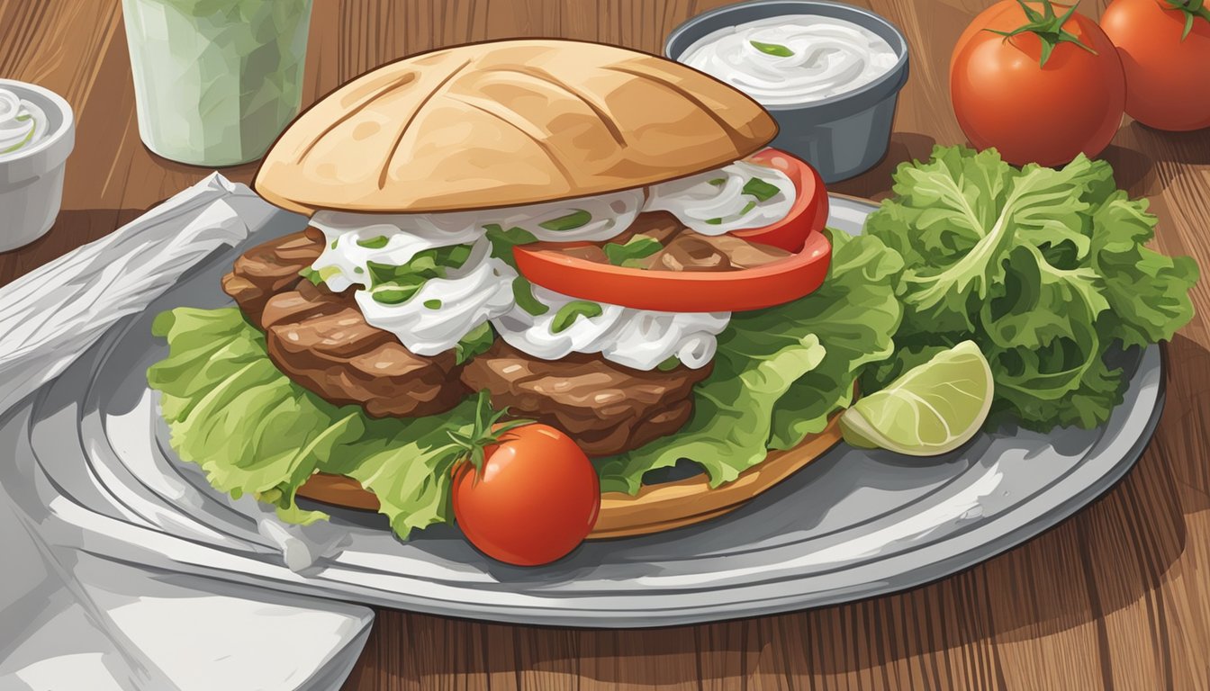 A gyro sits on a plate next to a container of tzatziki sauce. A pile of lettuce, tomatoes, and onions are spread out on a cutting board. A container of leftover gyro meat is wrapped in foil