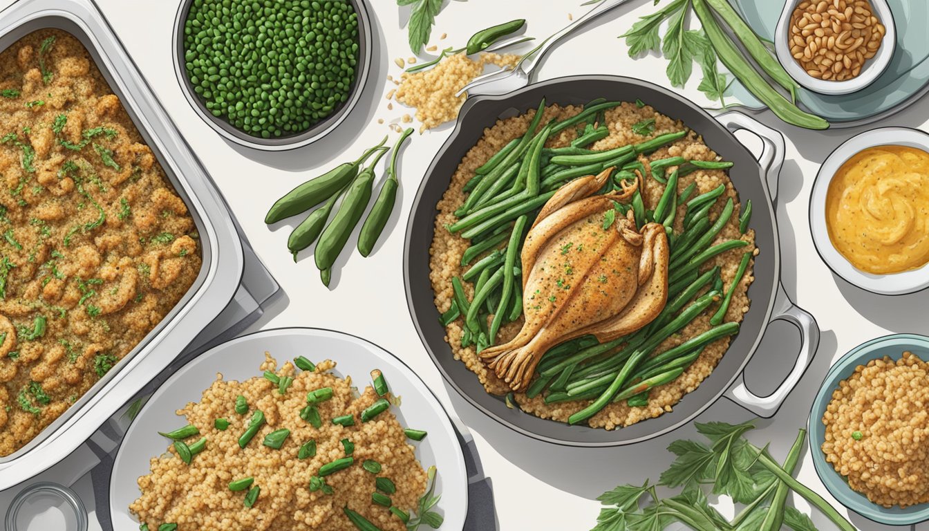 A green bean casserole sits on a table next to a platter of grilled chicken and a bowl of steamed quinoa