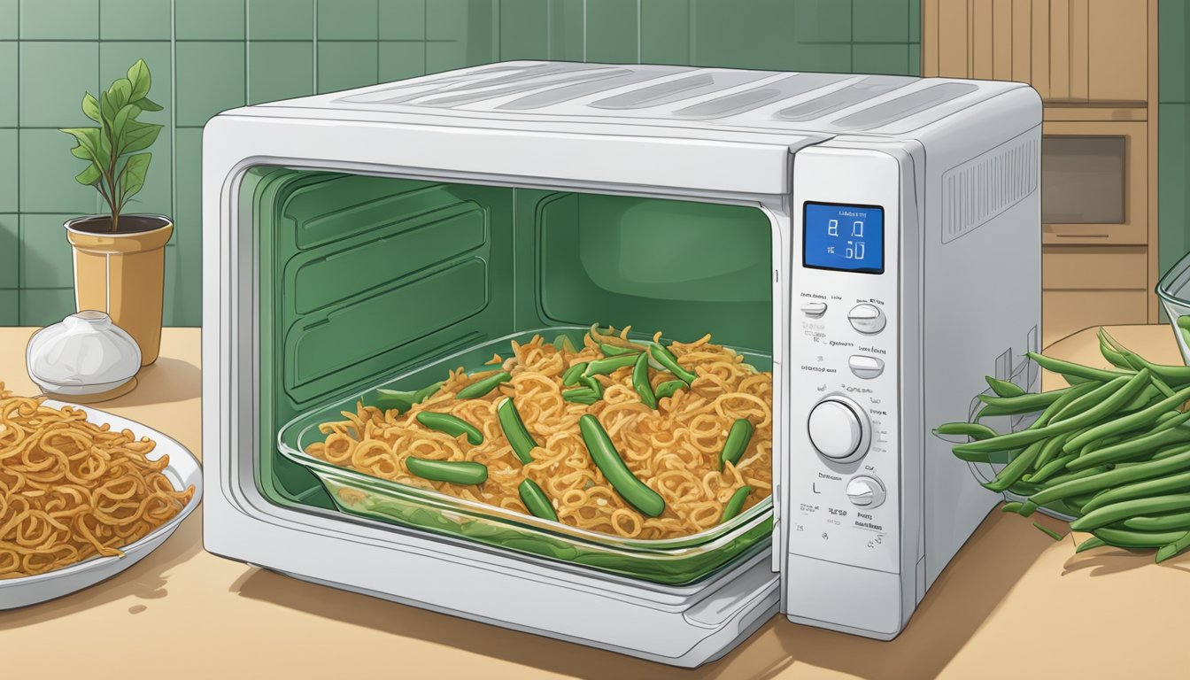 A green bean casserole sits in a glass dish, surrounded by scattered green beans and crispy onions. A microwave door is open, ready for reheating