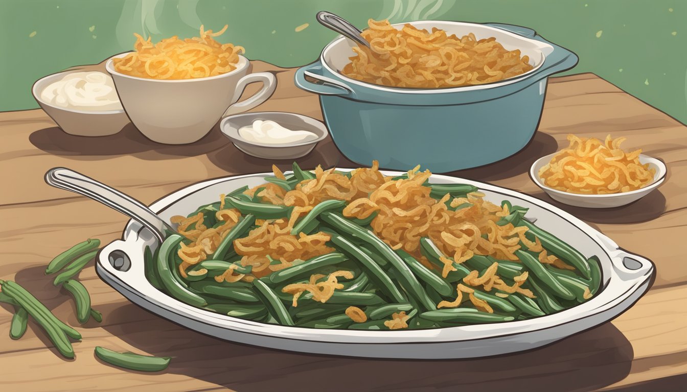 A spoon scoops up a serving of green bean casserole from a festive dish. The creamy casserole is topped with crispy fried onions