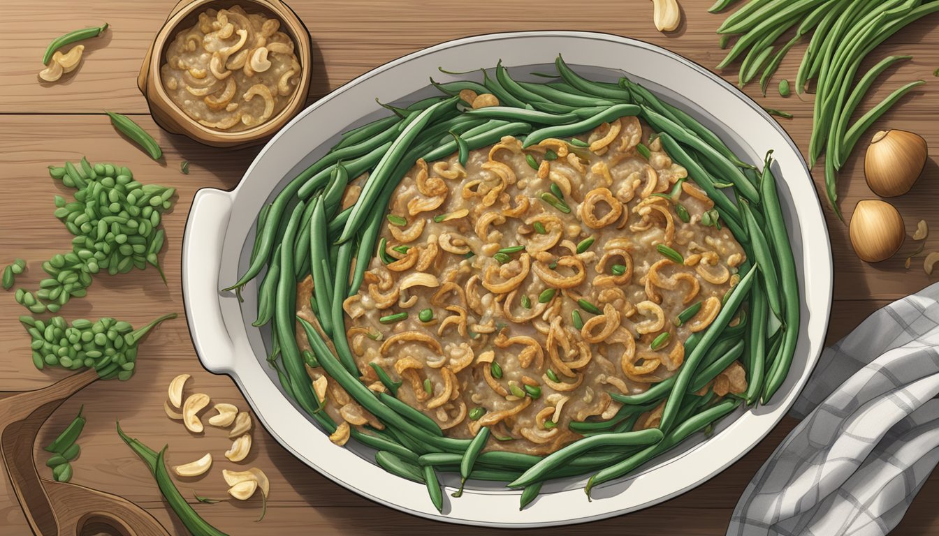 A green bean casserole sits on a table, surrounded by fresh green beans, creamy mushroom sauce, and crispy fried onions