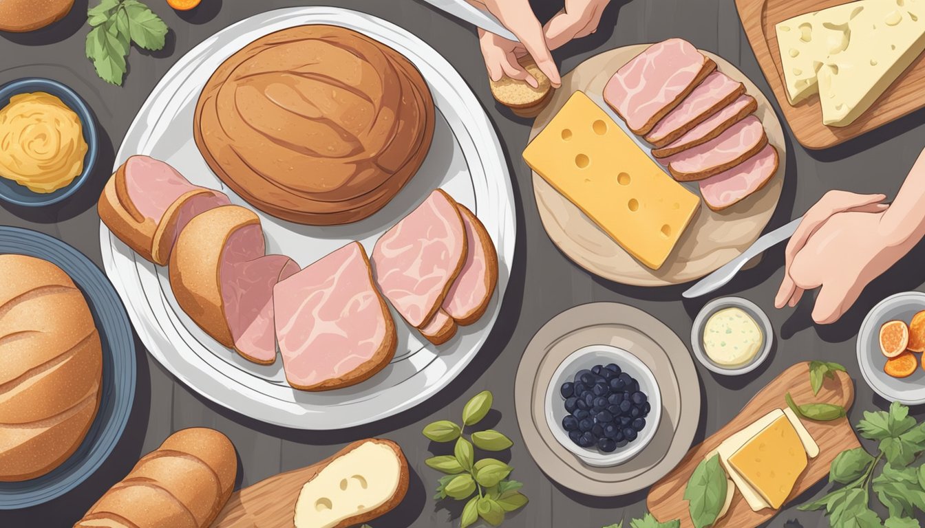 A table with fresh bread, sliced ham, and cheese. A hand reaches for the ingredients, assembling them into a sandwich