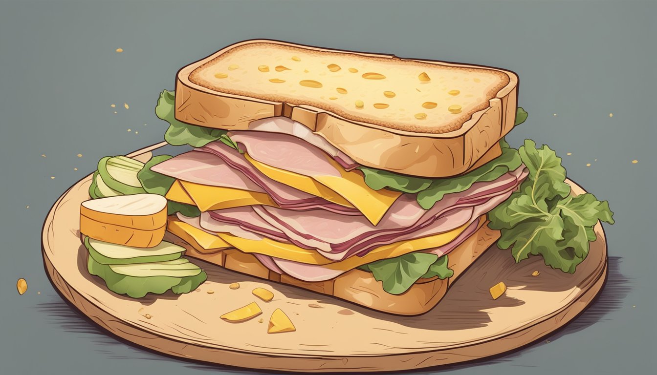 A ham and cheese sandwich being sliced in half with layers of ingredients visible