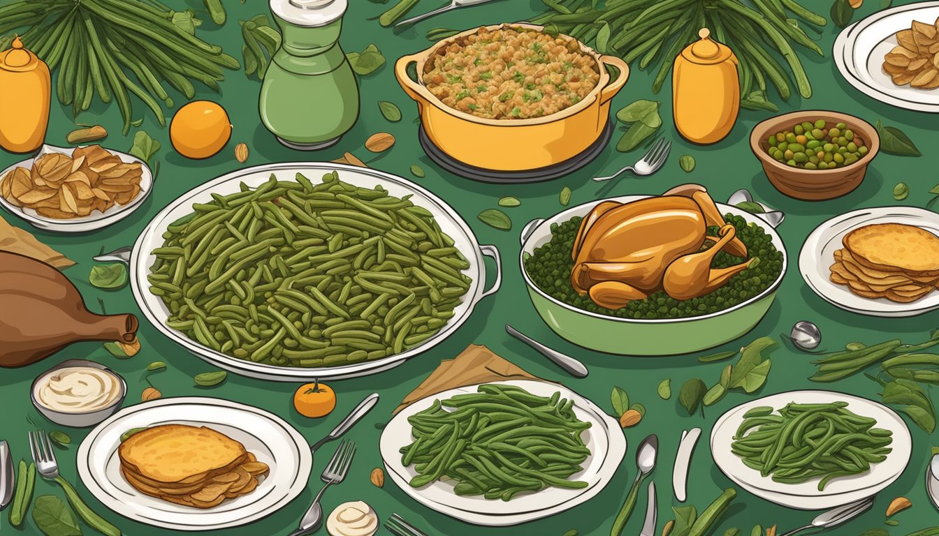 A green bean casserole surrounded by other Thanksgiving dishes on a festive table