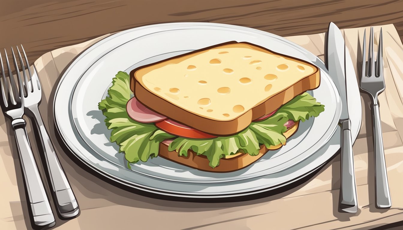 A ham and cheese sandwich sits on a white plate, garnished with lettuce and tomato. A knife and fork are placed neatly beside it