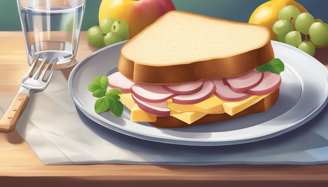 A ham and cheese sandwich sits on a plate next to a side of fresh fruit and a glass of water