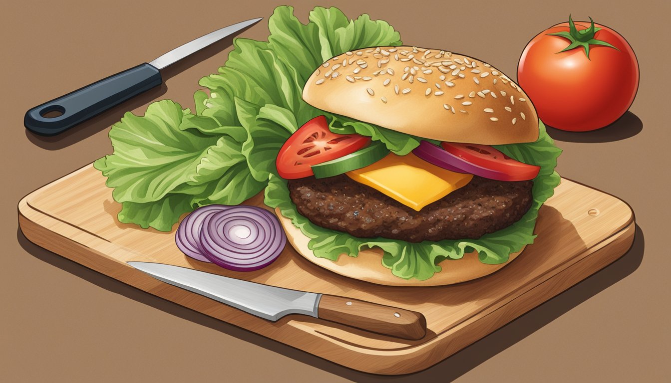 A cutting board with lettuce, tomato, onion, and a beef patty, alongside a sesame seed bun