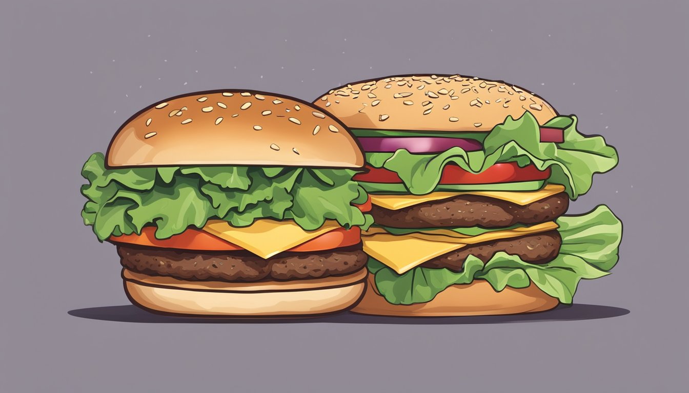 A hamburger being stacked with lettuce, tomato, cheese, and a beef patty, all held together by a sesame seed bun