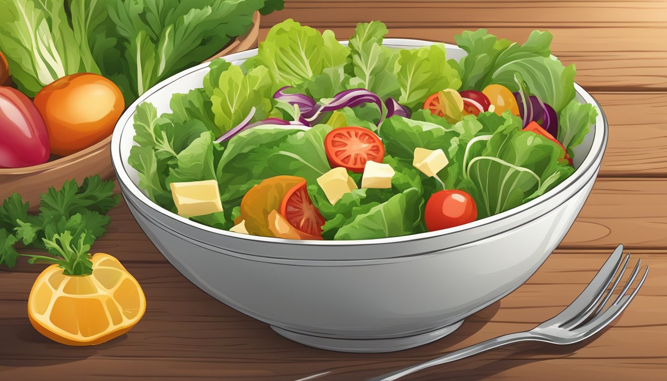 A bowl of fresh green salad sits on a wooden table, surrounded by colorful vegetables and a bottle of dressing