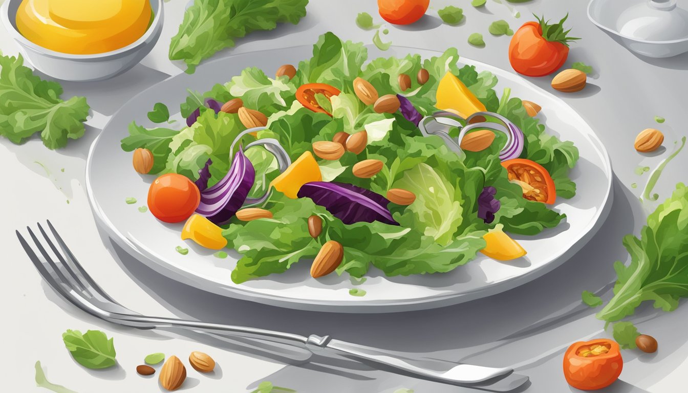 A green salad sits on a white plate, topped with colorful vegetables, nuts, and a light vinaigrette dressing, surrounded by a fork and knife