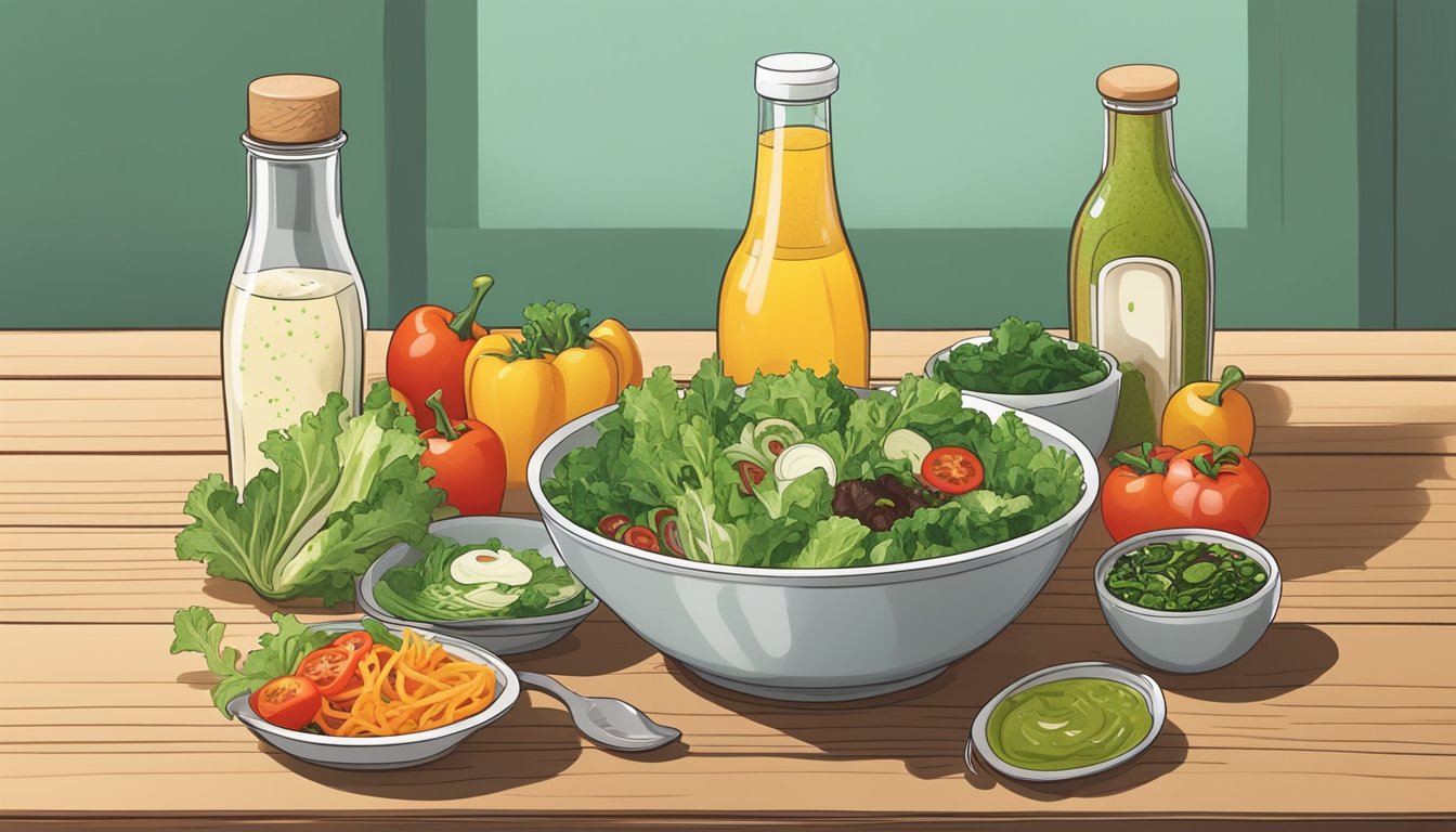 A bowl of mixed greens, sliced vegetables, and a variety of toppings arranged neatly on a wooden table, with a bottle of dressing nearby