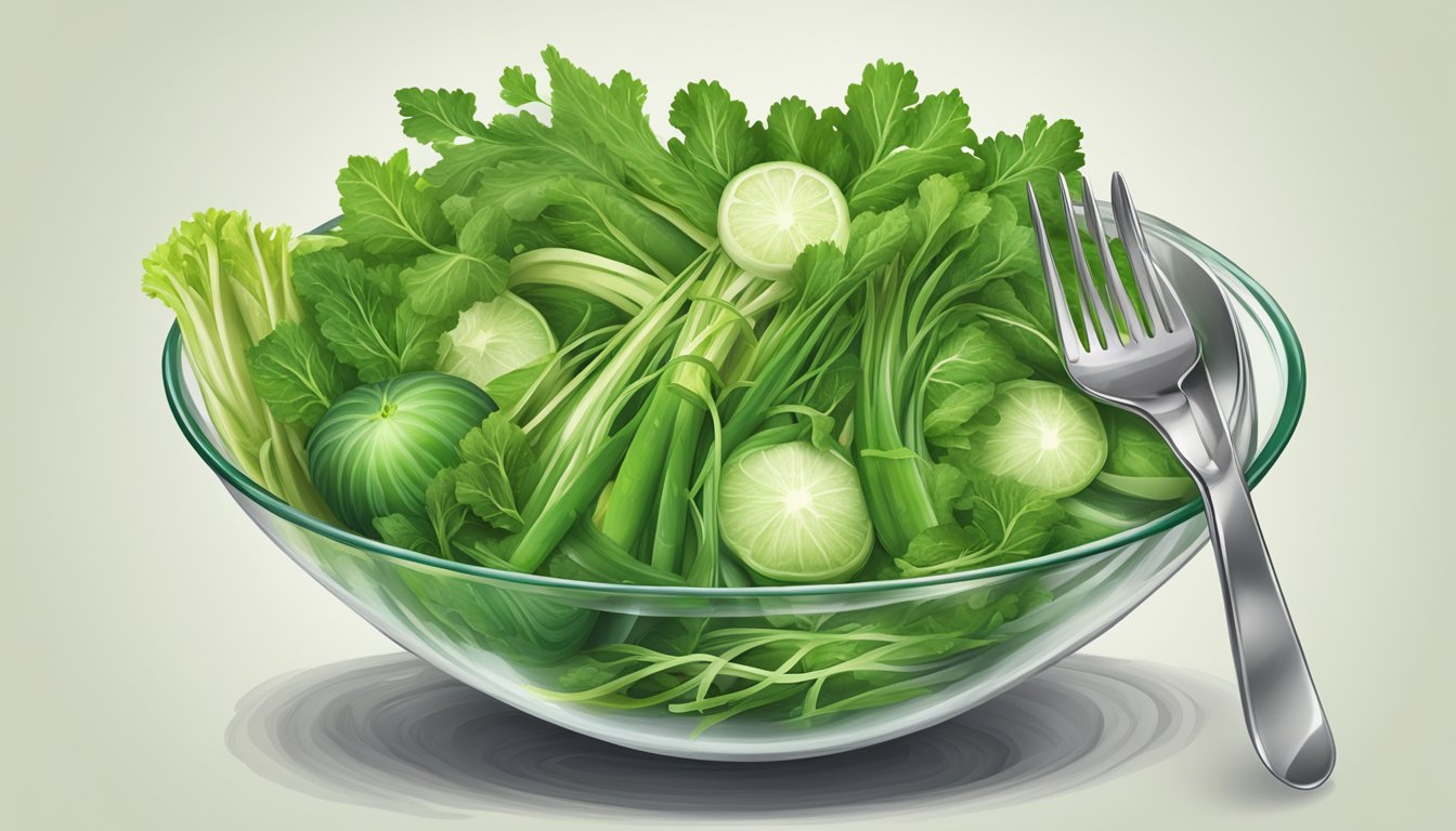 A fork spearing a variety of fresh green vegetables in a bowl