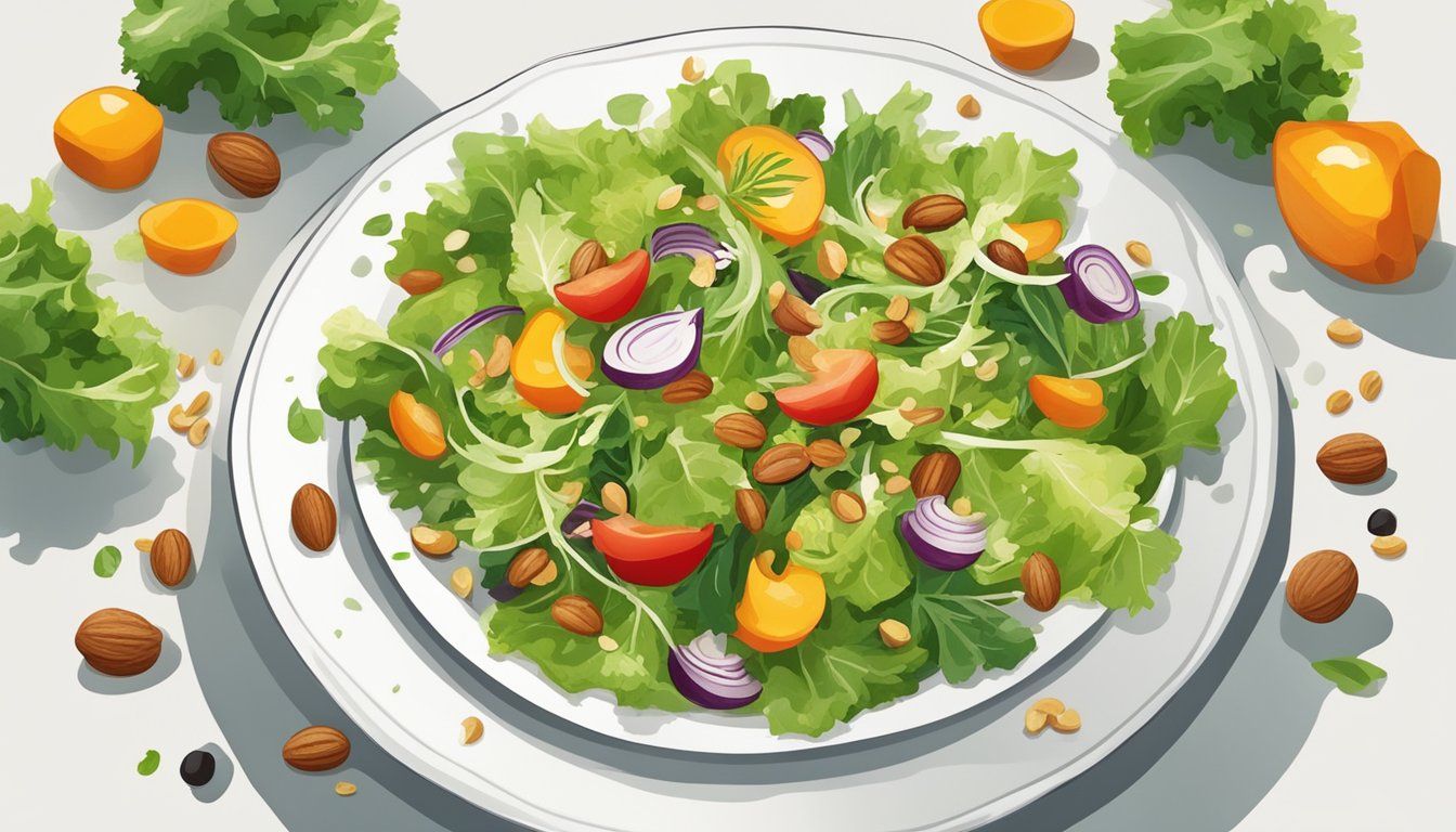 A green salad arranged on a white plate with mixed vegetables, drizzled with vinaigrette, and garnished with a sprinkle of nuts and seeds