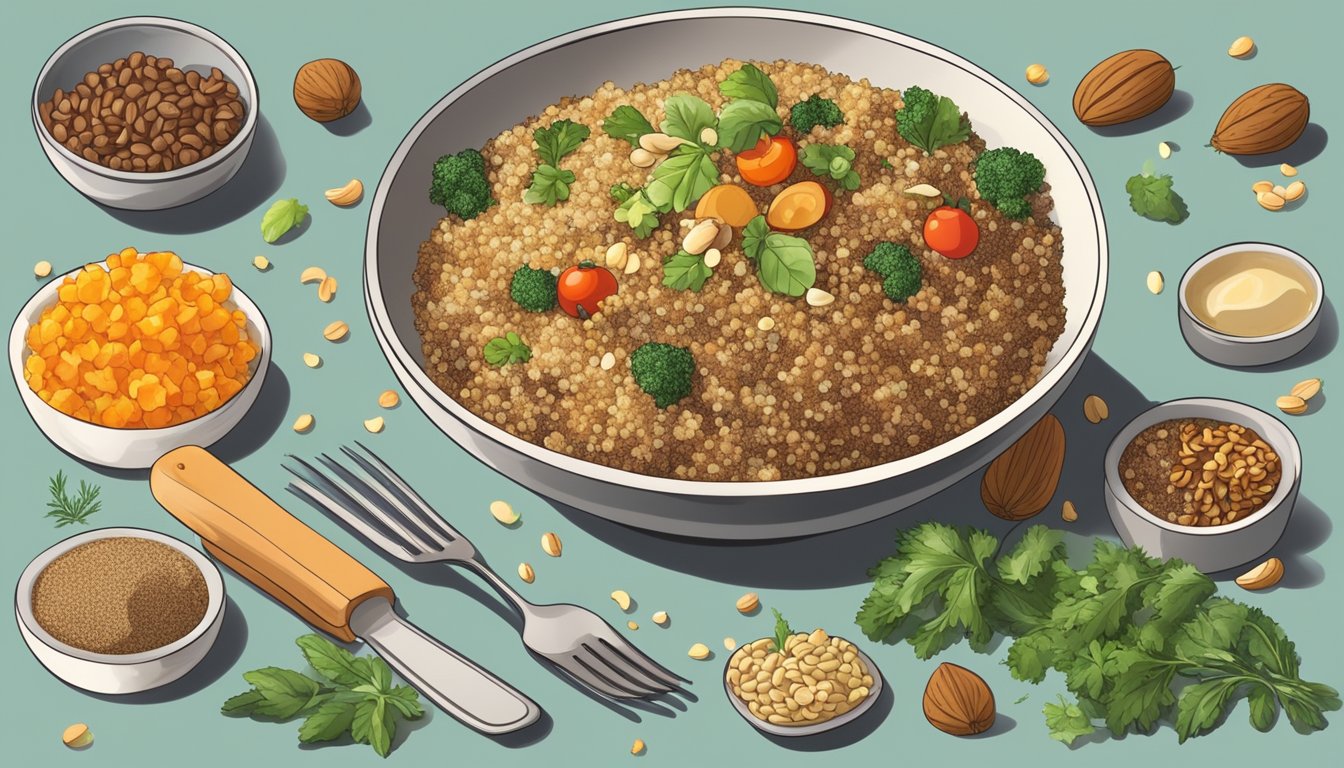 A bowl of cooked quinoa surrounded by various toppings such as vegetables, nuts, and herbs, with a fork resting on the edge of the bowl