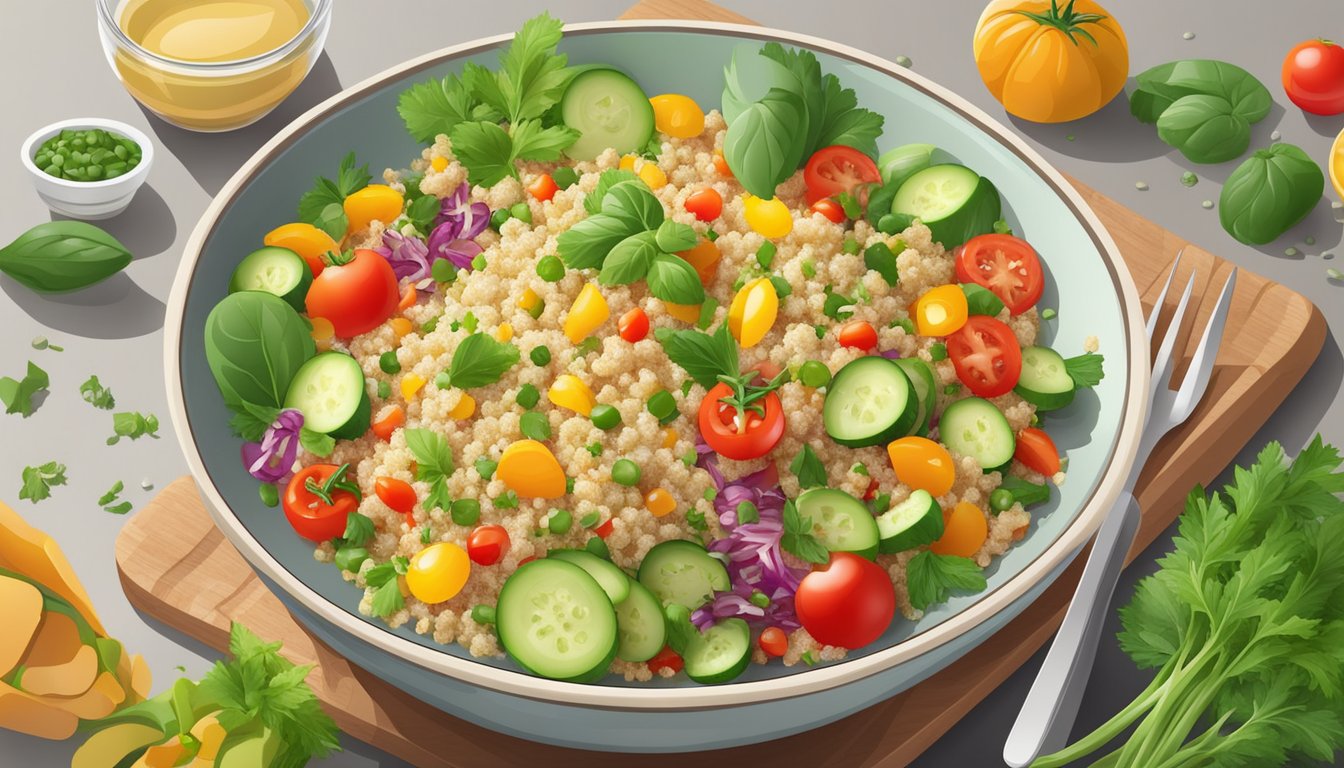 A bowl of quinoa salad with colorful vegetables and a light vinaigrette dressing, surrounded by fresh ingredients like tomatoes, cucumbers, and herbs