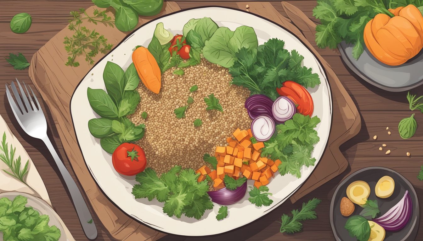 A hand reaching for a bowl of quinoa salad surrounded by fresh vegetables and herbs on a wooden cutting board