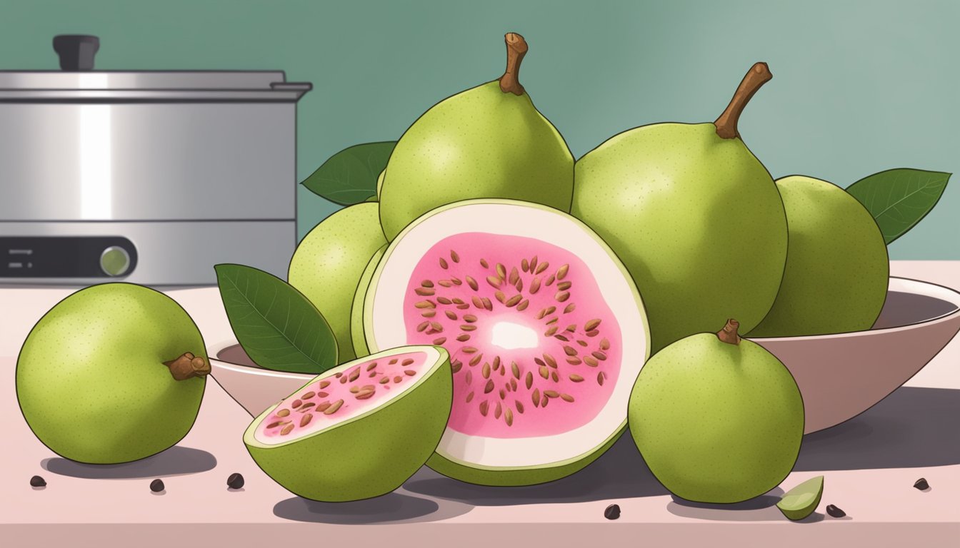 A bowl of ripe guavas on a kitchen counter, one cut open to reveal pink flesh and seeds