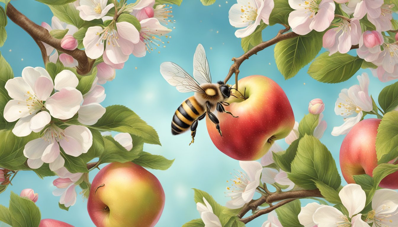 A honeycrisp apple suspended in mid-air with a bite taken out of it, surrounded by apple blossoms and bees