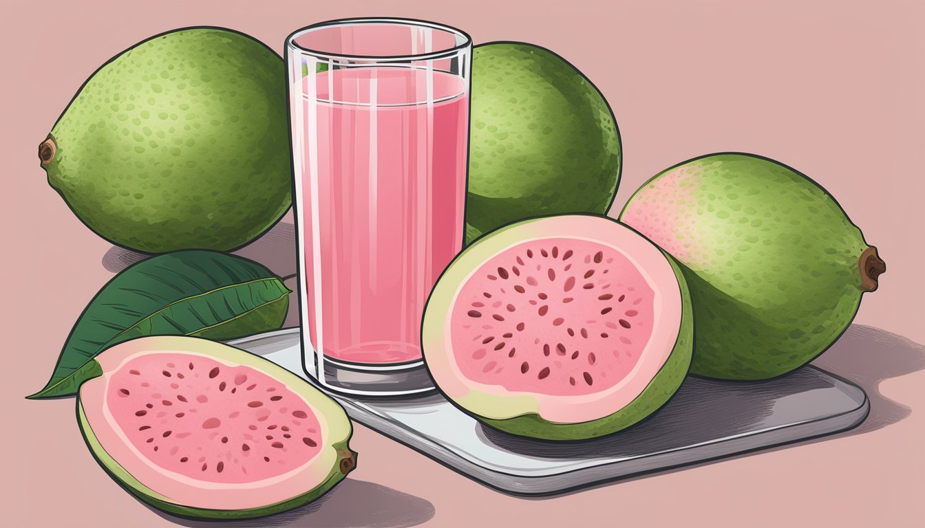 A ripe guava being sliced open to reveal its pink flesh, while a glass of guava juice is poured into a clear, chilled glass