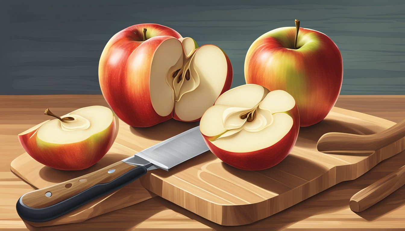 A honeycrisp apple being sliced into pieces on a cutting board