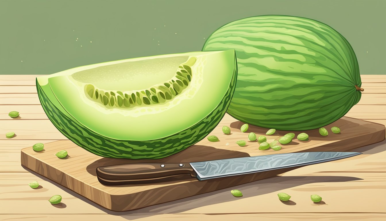 A honeydew melon sits on a cutting board, surrounded by scattered seeds and a knife. A slice has been removed, revealing the juicy, pale green flesh inside