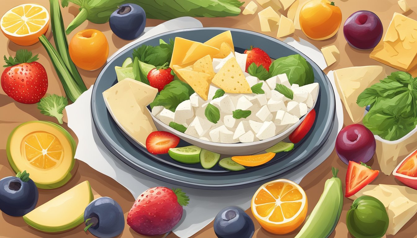 A plate with chunks of queso fresco surrounded by colorful slices of fruits and vegetables, with a side of tortilla chips for dipping