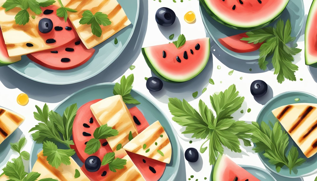 A plate of grilled halloumi cheese with fresh herbs and olives, accompanied by slices of watermelon and a drizzle of honey