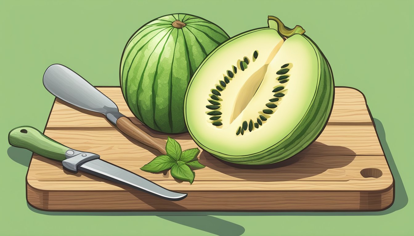 A honeydew melon sits on a wooden cutting board, surrounded by a knife, a spoon, and a bowl of cubed melon. The melon is being sliced and scooped into the bowl