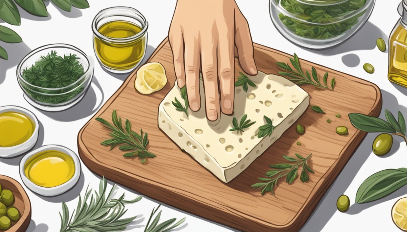 A hand reaching for a block of halloumi cheese on a wooden cutting board, surrounded by jars of olive oil and herbs