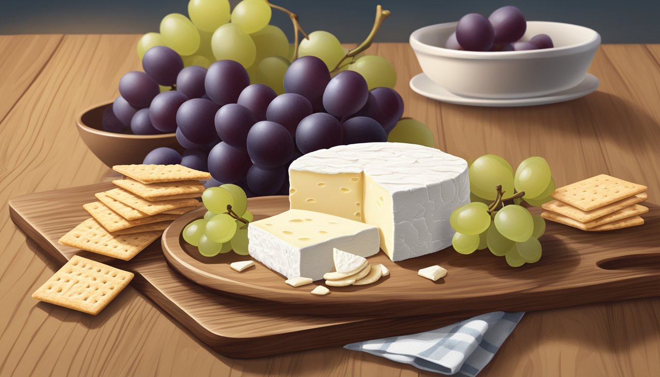 A plate with sliced queso fresco paired with crackers and grapes on a wooden cutting board