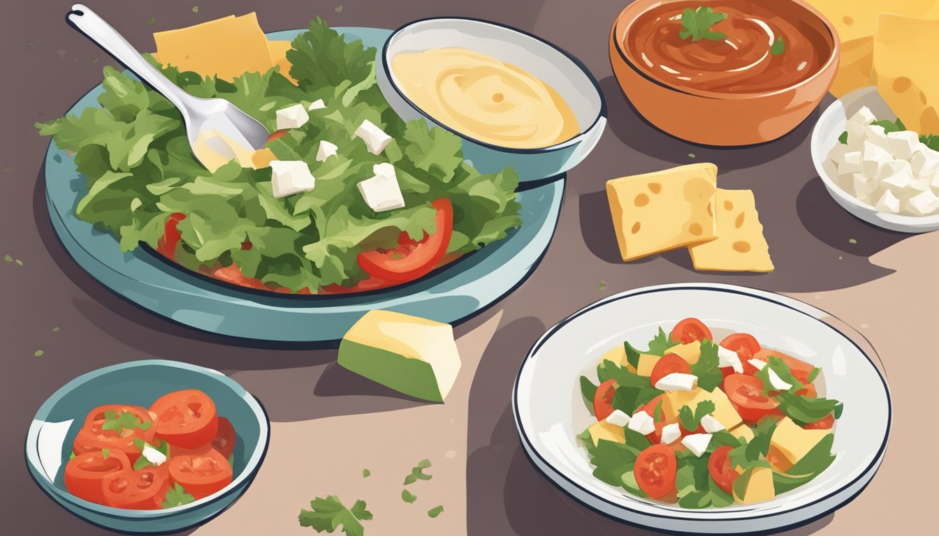 A plate of assorted substitutes for queso fresco next to a bowl of salsa. An illustration of someone crumbling queso fresco over a salad