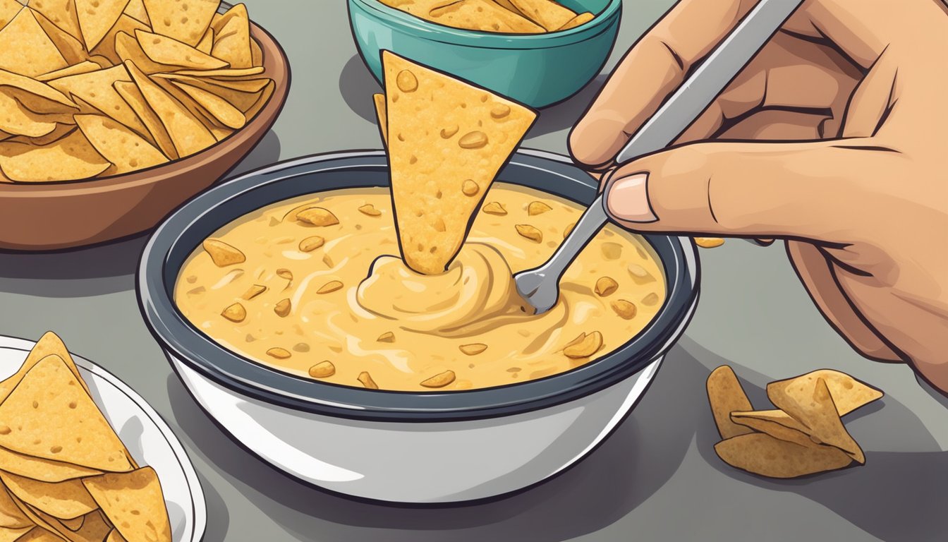 A bowl of warm queso dip sits on a table, surrounded by tortilla chips. A hand reaches in to scoop up a chip loaded with the cheesy dip