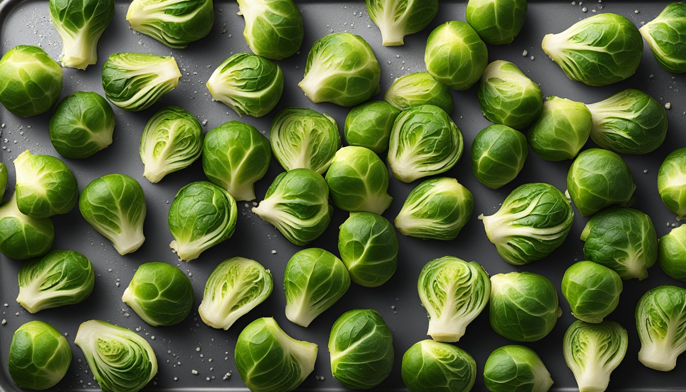 Brussels sprouts on a baking sheet, drizzled with oil, sprinkled with salt and pepper, and ready for roasting in the oven