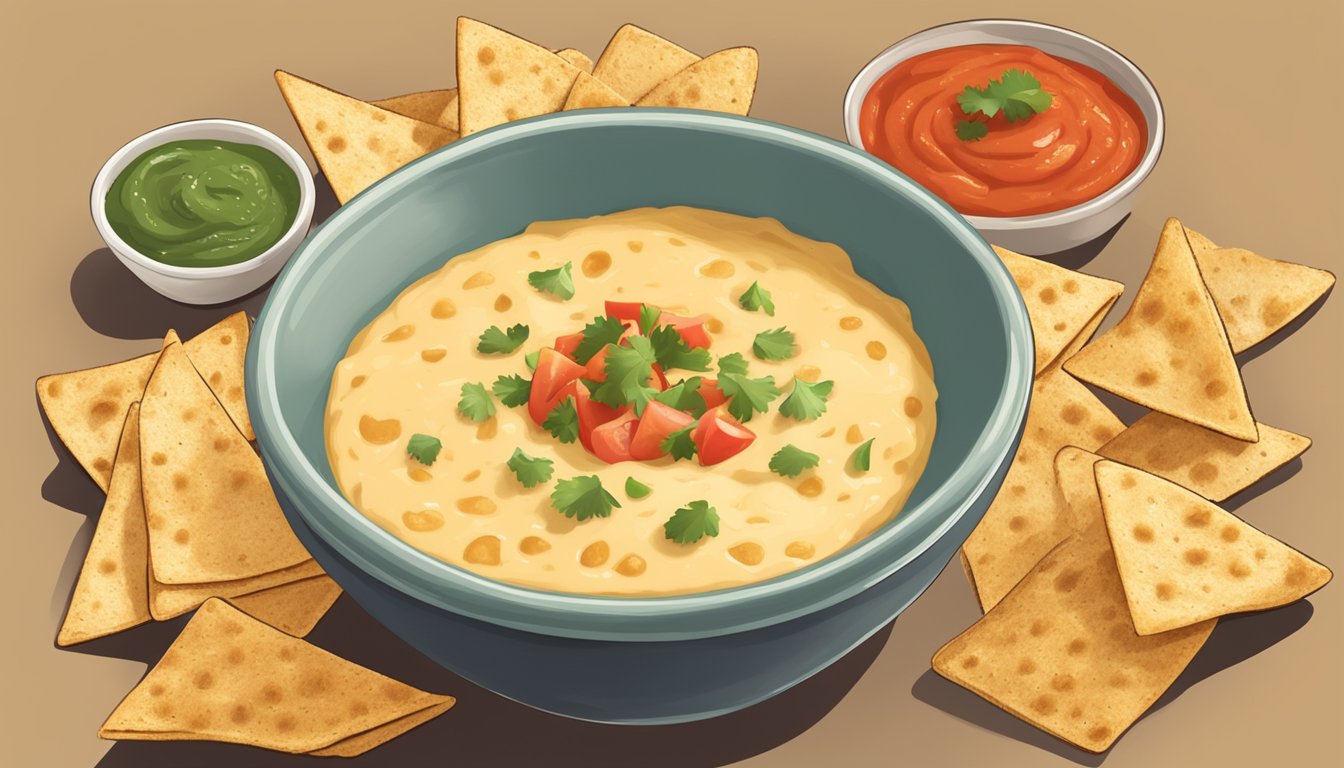 A bowl of queso dip surrounded by tortilla chips and a dollop of salsa on the side