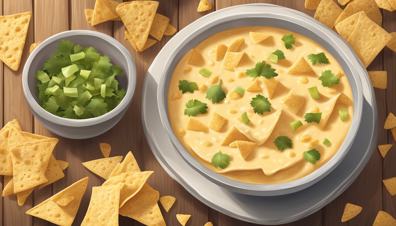 A bowl of queso dip surrounded by tortilla chips on a wooden table