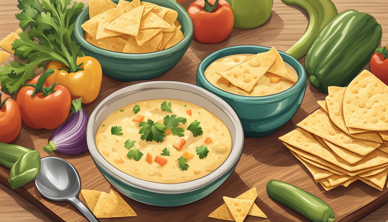 A bowl of queso dip sits on a table surrounded by tortilla chips, sliced vegetables, and a spoon for serving