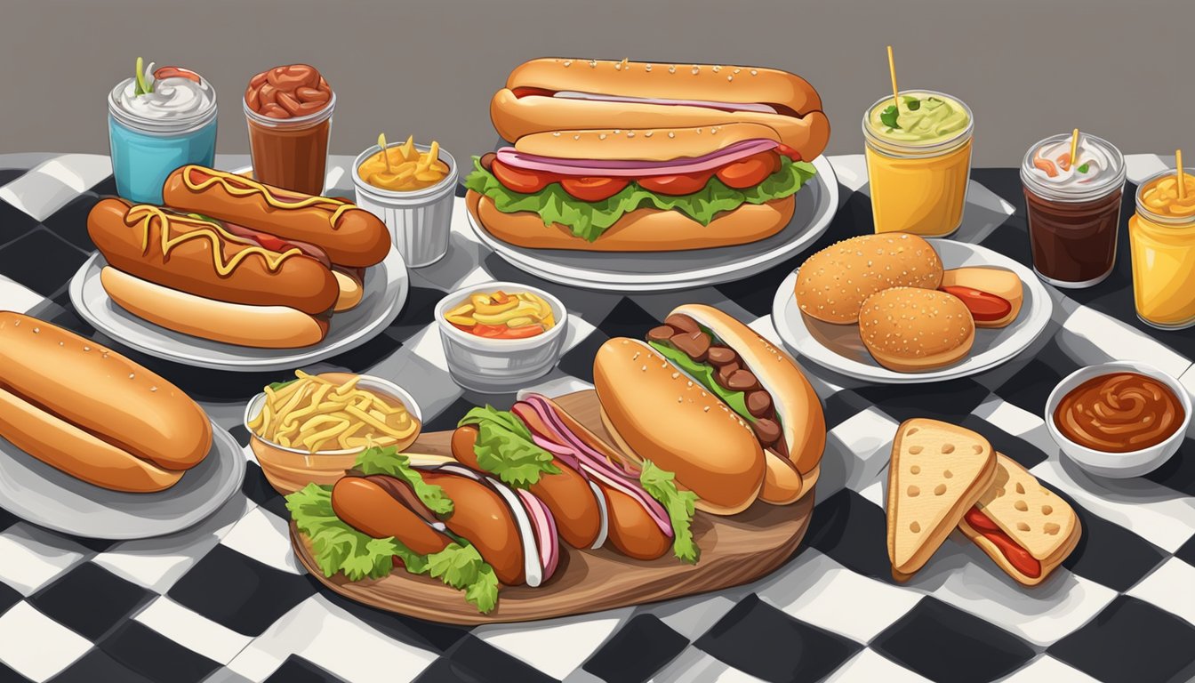 A colorful spread of hot dogs with various toppings and condiments, surrounded by different types of buns and served on a checkered picnic blanket