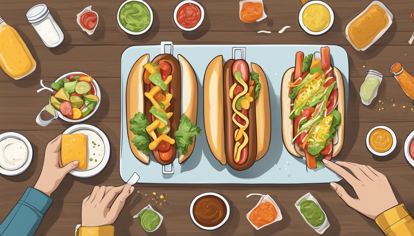 A person holding a hot dog with various condiments and toppings laid out on a table