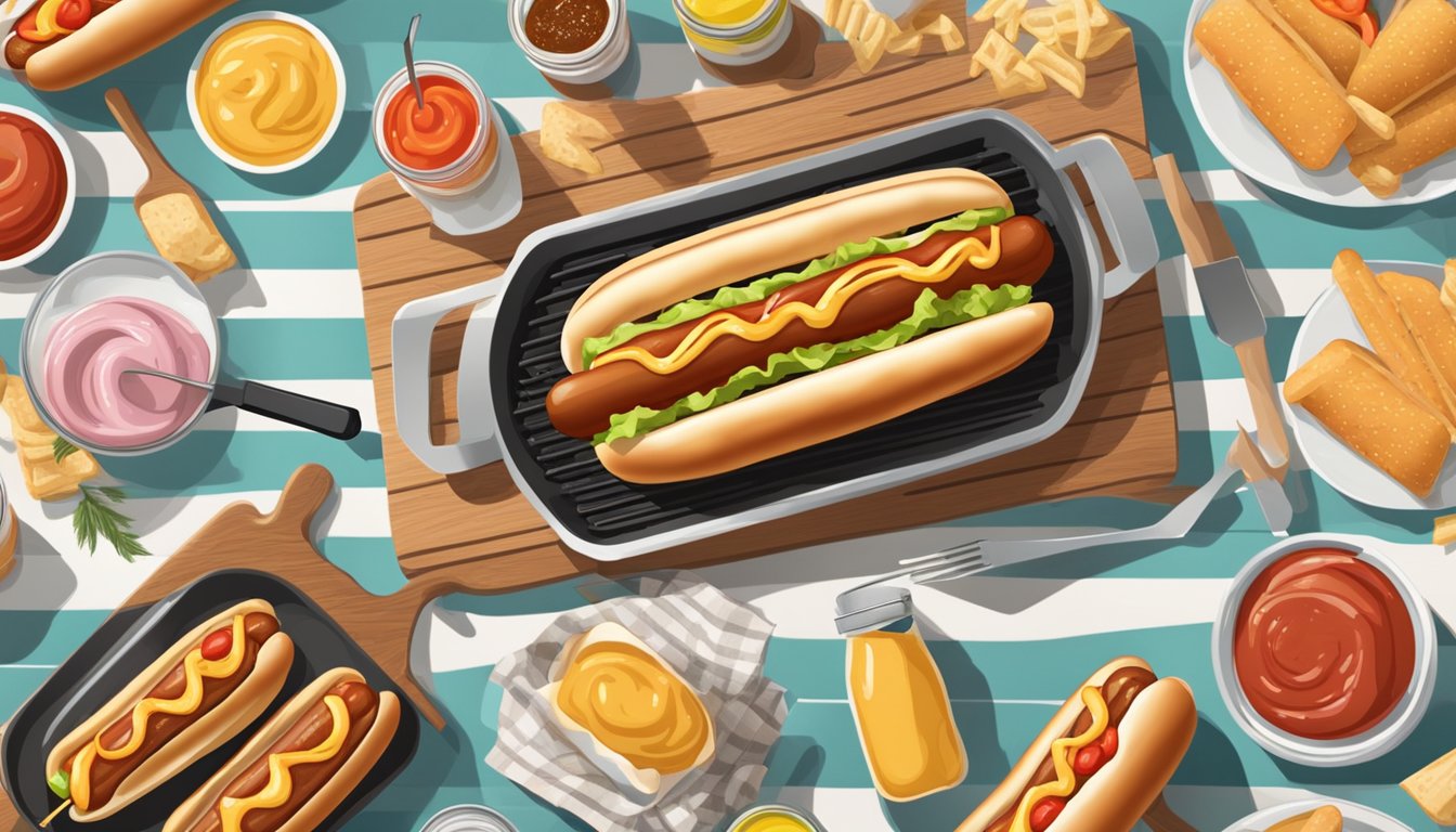 A hot dog being grilled on a barbecue, surrounded by condiments and buns on a picnic table