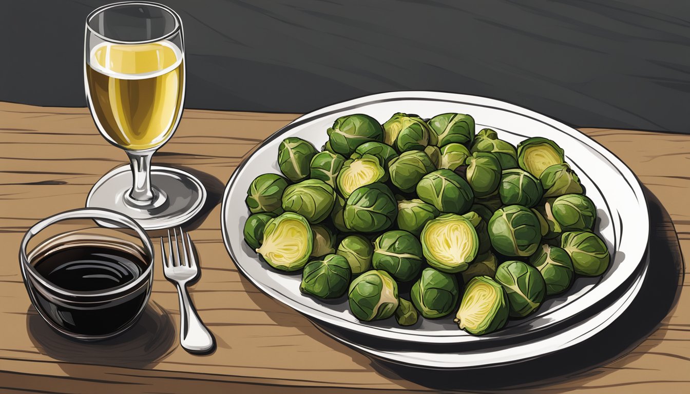 A plate of roasted brussels sprouts with a side of balsamic glaze and a glass of white wine on a wooden table