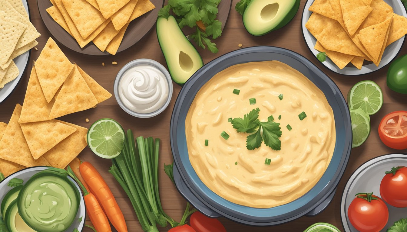 A bowl of queso dip surrounded by tortilla chips, with a side of fresh vegetables and a small container of allergy-friendly alternative dip